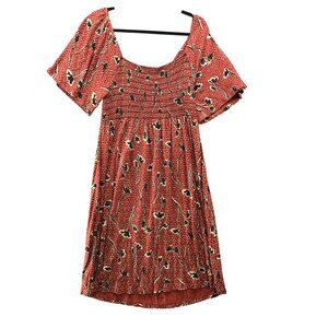 Fat Face Boho Print Dress Size 4 Brown Brick Short Sleeve Smocked Below Knee